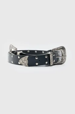 Online boohooMAN Double Buckle Studded Belt In black