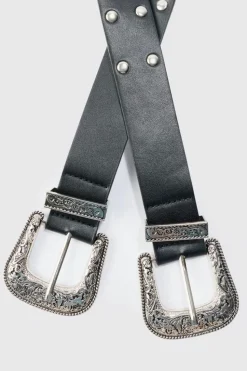 Online boohooMAN Double Buckle Studded Belt In black