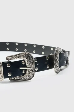 Online boohooMAN Double Buckle Studded Belt In black