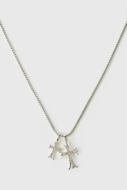 Fashion boohooMAN Double Cross Necklace silver