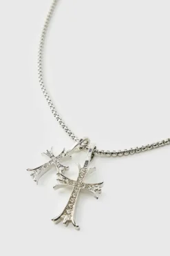 Fashion boohooMAN Double Cross Necklace silver