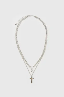 Cheap boohooMAN Double Layered Cross Necklace silver
