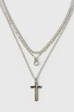 Cheap boohooMAN Double Layered Cross Necklace silver