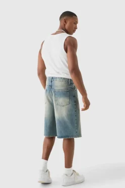Fashion boohooMAN Double Waist Band Denim Jorts In light blue