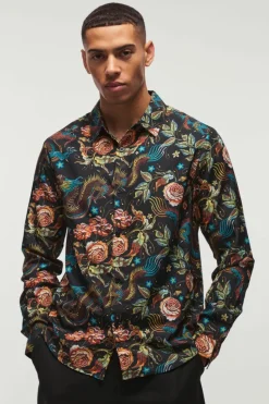 Outlet boohooMAN Dragon Print Long Sleeve Shirt black