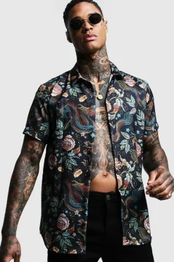 Outlet boohooMAN Dragon Print Short Sleeve Shirt black