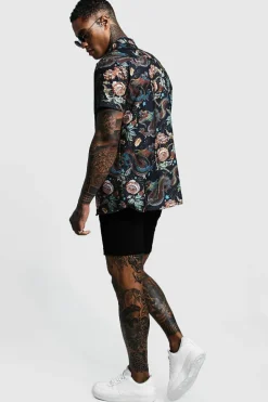 Outlet boohooMAN Dragon Print Short Sleeve Shirt black
