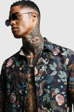 Outlet boohooMAN Dragon Print Short Sleeve Shirt black