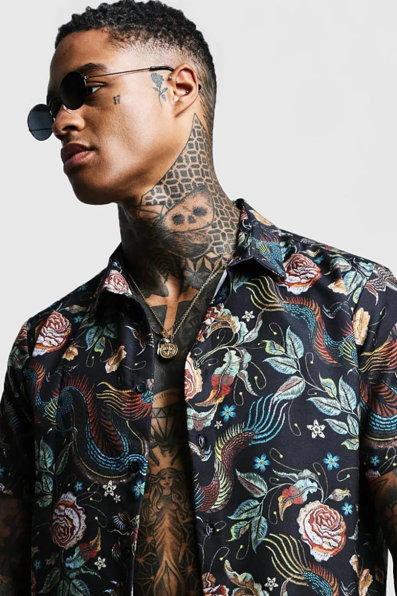 Outlet boohooMAN Dragon Print Short Sleeve Shirt black