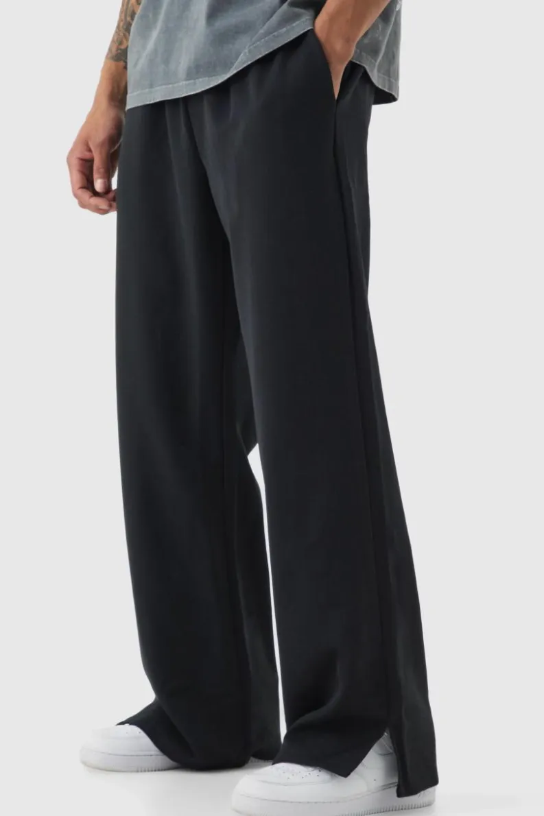New boohooMAN Drawcord Waist Split Hem Straight Leg Trousers black