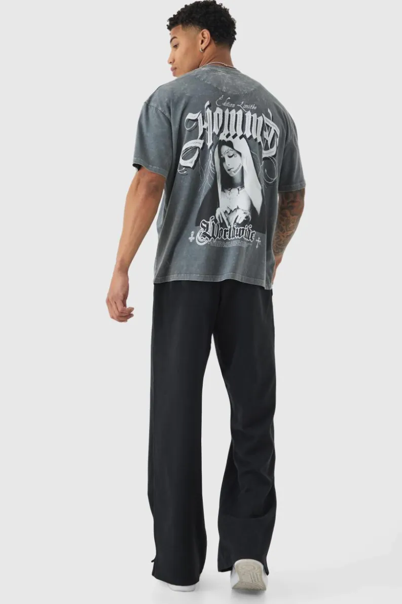 New boohooMAN Drawcord Waist Split Hem Straight Leg Trousers black