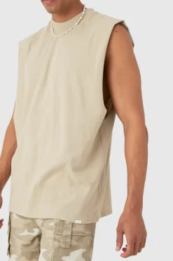 Online boohooMAN Drop Armhole Extended Neck Heavyweight Tank stone