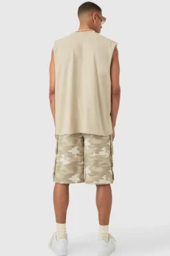 Online boohooMAN Drop Armhole Extended Neck Heavyweight Tank stone