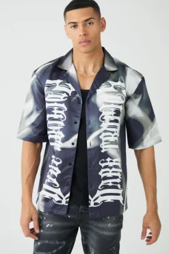 Best Sale boohooMAN Drop Revere Short Sleeve Satin Graphic Shirt grey