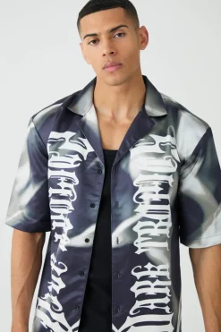 Best Sale boohooMAN Drop Revere Short Sleeve Satin Graphic Shirt grey