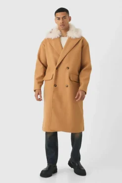 Cheap boohooMAN Drop Shoulder Overcoat With Removeable Faux Fur Trim In camel