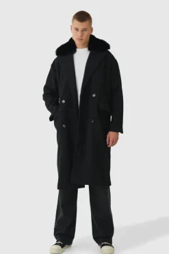 Cheap boohooMAN Drop Shoulder Overcoat With Removeable Faux Fur Trim In black