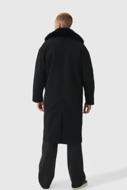 Cheap boohooMAN Drop Shoulder Overcoat With Removeable Faux Fur Trim In black