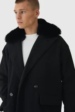 Cheap boohooMAN Drop Shoulder Overcoat With Removeable Faux Fur Trim In black