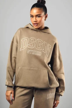 Shop boohoo Dsgn Collegiate Embroidered Oversized Hoodie khaki