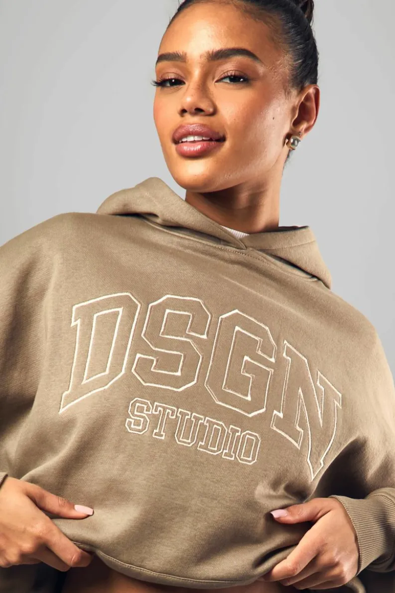 Shop boohoo Dsgn Collegiate Embroidered Oversized Hoodie khaki