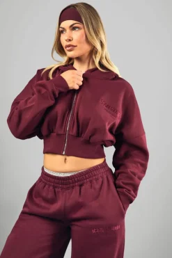 Sale boohoo Dsgn Studio Applique Boxy Crop Zip Through Hoodie burgundy