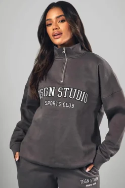 Cheap boohoo Dsgn Studio Applique Oversized Half Zip Sweatshirt charcoal