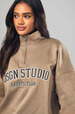Clearance boohoo Dsgn Studio Applique Oversized Half Zip Sweatshirt stone