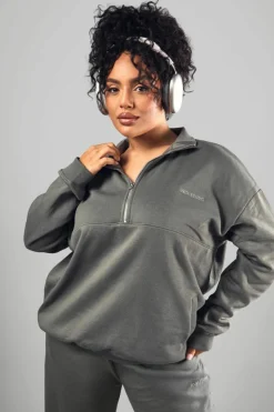 Store boohoo Dsgn Studio Embroidered Half Zip Oversized Sweatshirt charcoal