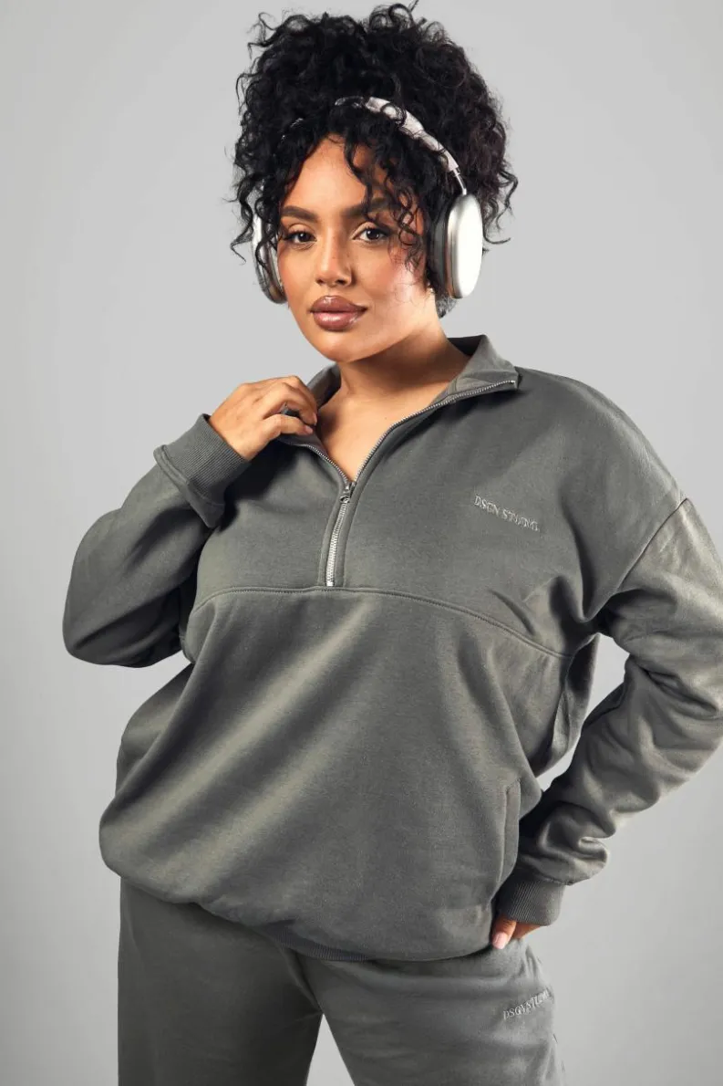 Store boohoo Dsgn Studio Embroidered Half Zip Oversized Sweatshirt charcoal