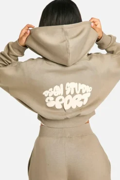 Best Sale boohoo Dsgn Studio Sport Bubble Zip Through Boxy Crop Hoodie washed khaki