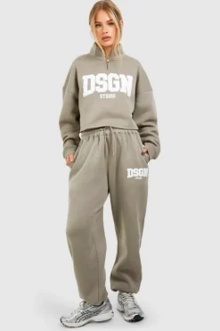 Clearance boohoo Dsgn Studio Towelling Applique Cropped Sweatshirt Tracksuit washed khaki