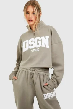 Clearance boohoo Dsgn Studio Towelling Applique Cropped Sweatshirt Tracksuit washed khaki
