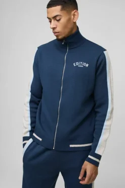 Cheap boohooMAN Edition Contrast Stripe Zip Up Knitted Jacket blue