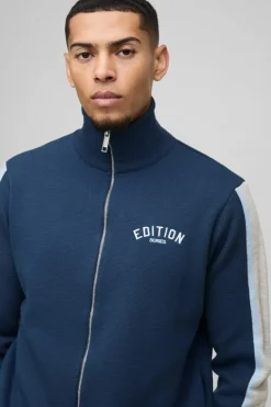 Cheap boohooMAN Edition Contrast Stripe Zip Up Knitted Jacket blue