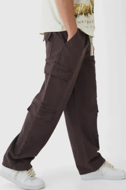 Online boohooMAN Elasticated Baggy Fit Multi Cargo Trousers chocolate