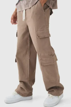 Online boohooMAN Elasticated Baggy Fit Multi Cargo Trousers taupe
