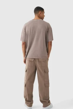 Online boohooMAN Elasticated Baggy Fit Multi Cargo Trousers taupe