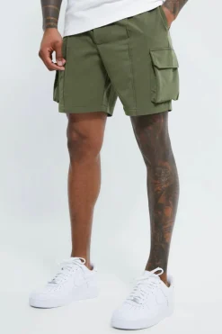 Shop boohooMAN Elasticated Slim Cargo Short With Pintuck khaki