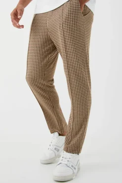 Sale boohooMAN Elasticated Tapered Pintuck Dogtooth Trousers beige
