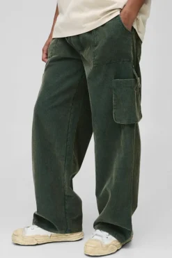 Cheap boohooMAN Elasticated Waist Baggy Acid Wash Corduroy Cargo Trouser dark green