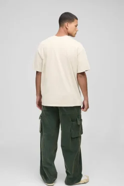 Cheap boohooMAN Elasticated Waist Baggy Acid Wash Corduroy Cargo Trouser dark green