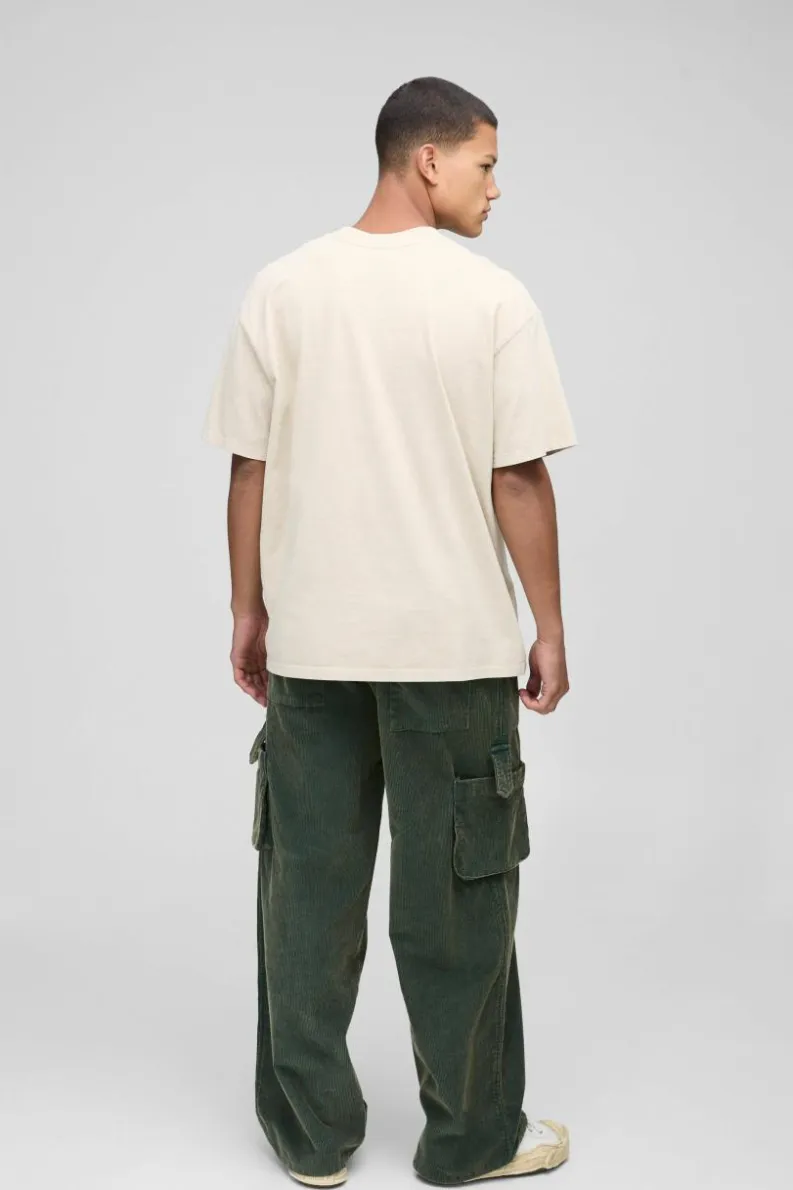 Cheap boohooMAN Elasticated Waist Baggy Acid Wash Corduroy Cargo Trouser dark green