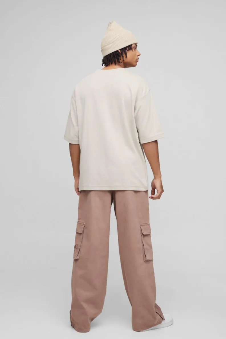 Cheap boohooMAN Elasticated Waist Baggy Brushed Twill Embroidery Cargo Trousers taupe