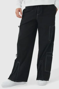 Cheap boohooMAN Elasticated Waist Baggy Canvas Contrast Stitch Cargo Trousers black