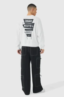 Cheap boohooMAN Elasticated Waist Baggy Canvas Contrast Stitch Cargo Trousers black