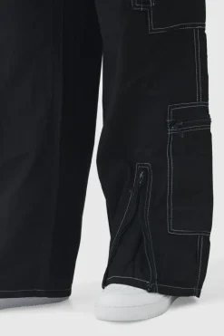 Cheap boohooMAN Elasticated Waist Baggy Canvas Contrast Stitch Cargo Trousers black