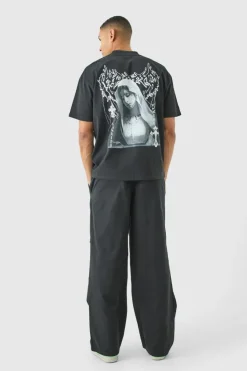 Online boohooMAN Elasticated Waist Contrast Drawcord Baggy Trouser charcoal