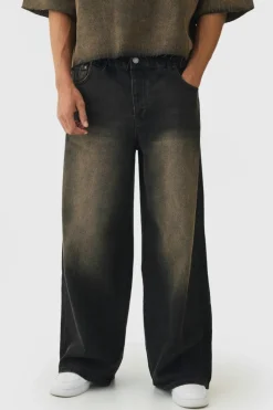 Clearance boohooMAN Elasticated Waist Extreme Baggy Rigid Tinted Wash Jeans brown