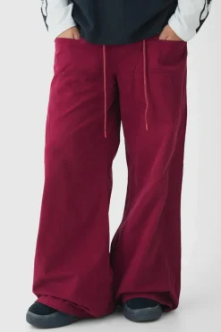 Cheap boohooMAN Elasticated Waist Extreme Baggy Twill Waistband Detail Trousers burgundy